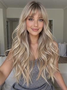 Peluca de cabello sintético rizado y ondulado de 24 pulgadas con flequillo, aspecto natural, fácil mantenimiento, adecuada para todas las edades, elegante para uso diario de mujeres