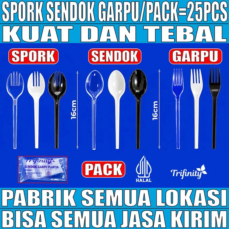 Sendok Garpu Spork 2in1 makan Plastik Kuat Tebal 3.2gr Panjang Bening Hitam Putih Trifinity Pack JSP