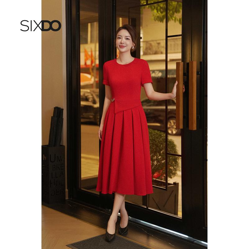   HN Đầm xoè đỏ xếp ly cổ tròn ngắn tay SIXDO  Red Tendy Flared Dress  