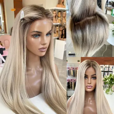 Sexy selling blonde ash bone beige straight h.d balayage lace front wig