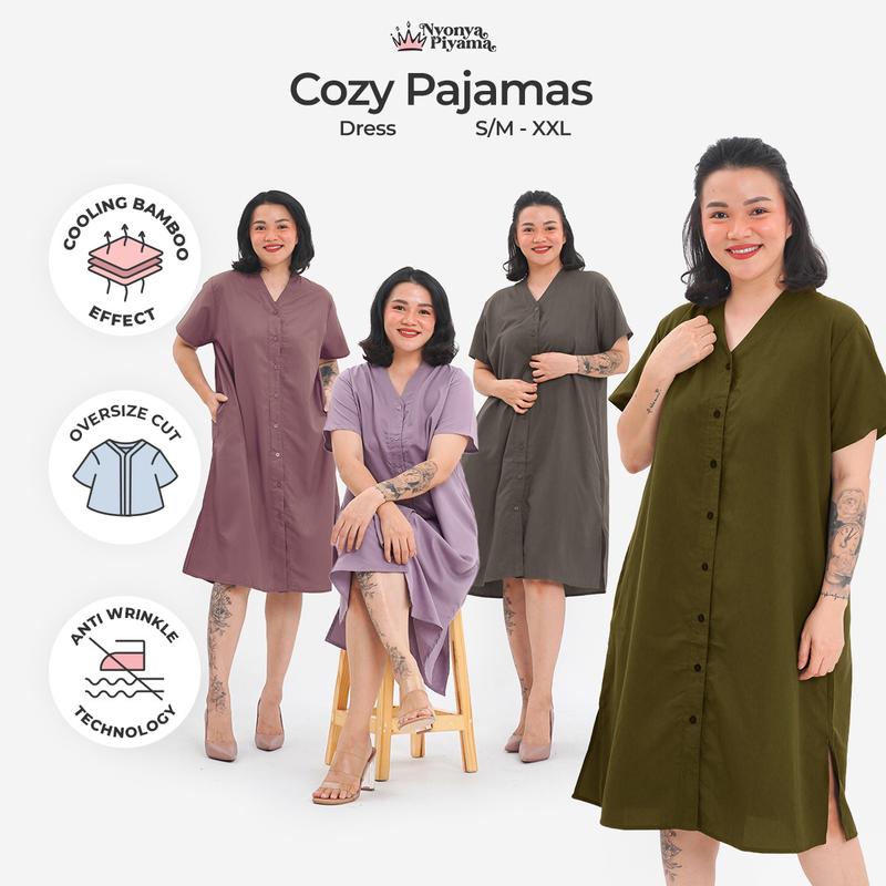 [BEST SELLER] Nyonya Piyama Poly Bamboo Oversized Cozy Dress / Daster Polos Nyaman Santai Wanita Tidur Basic Dewasa Casual 1
