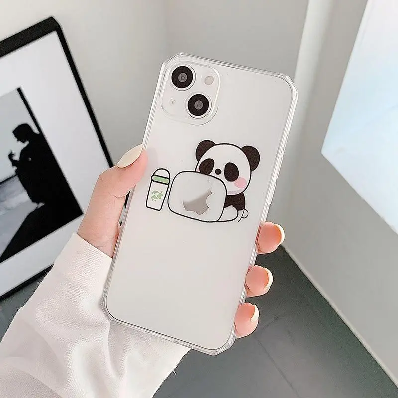 Soft Case TPU Transparan Motif Kartun Panda Lucu untuk iPhone 15 14 13 12 11 Pro Max X XR XSMAX 7P 7G 7