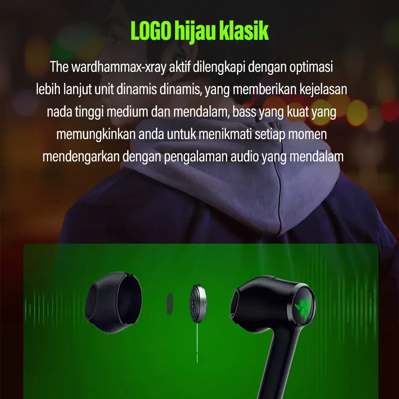 Headset gaming headset Bluetooth nirkabel sejati Razer Hammerhead dengan mikrofon HiFi stereo 7