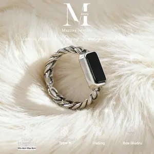 Mazzny Cincin Perak Sterling dengan Rantai Onyx Hitam 100% Asli dan Otentik