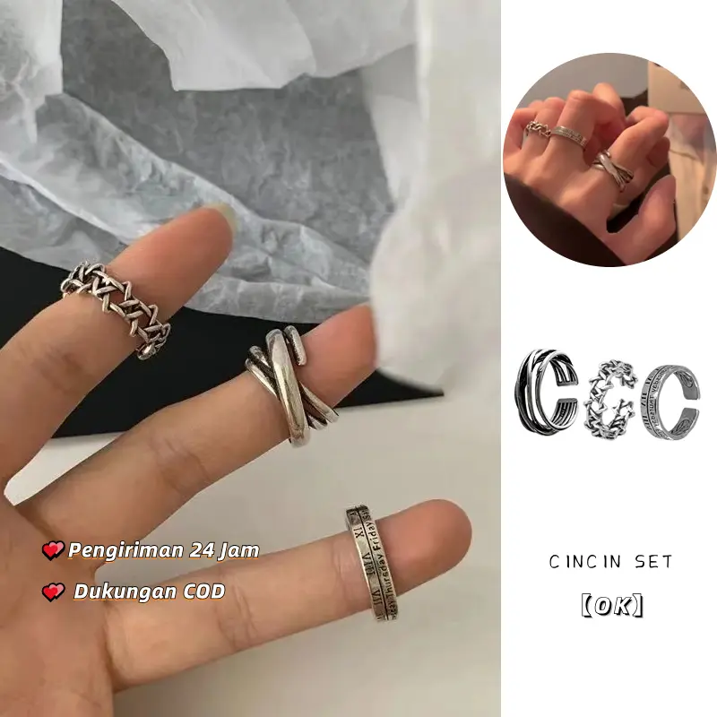 【OK】Cincin Marcella Angka Romawi 3 in 1 Ring Fashion Set Pria Model Set Aesthetic Vintage Estetik Gaya Retro