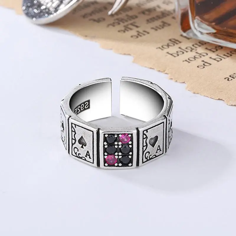 【Sktlz】 Setting Good  Poker Ring Retro Hip Hop Ring Exaggerated Personalized Open Ring 0