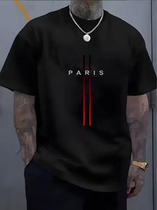 メンズ 3Dプリント ラウンドネックTシャツ、夏用半袖Tシャツ、パリプリントストライプ スポーツカジュアル 通気性、新作トレンディストリートウェア