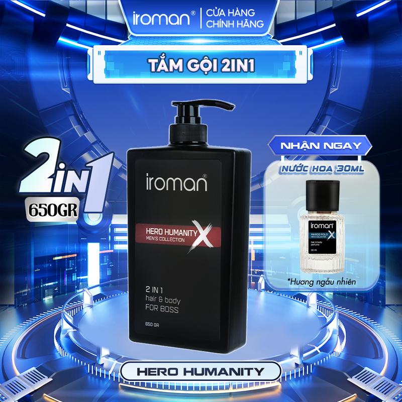 Tắm Gội 2in1 IROMAN 650G Hương Nước Hoa Hero Humanity Cao Cấp Ngăn Ngừa Gàu Kiểm Soát Dầu Nhờn Sạch Sâu Da Đầu Dành Cho Nam Giới