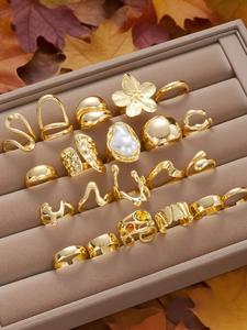 Set de 21 anillos de perlas falsas florales, anillos anchos de aleación de zinc para mujer, regalo de joyería para todas las estaciones, ideal para fiestas y cumpleaños