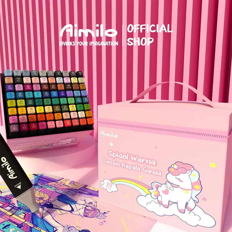 [READY] Aimilo Spidol Warna Warni 1 Set Kemasan Kartun Sketch Marker 2 Tip Touch Marker 48/60/80 Warna 0