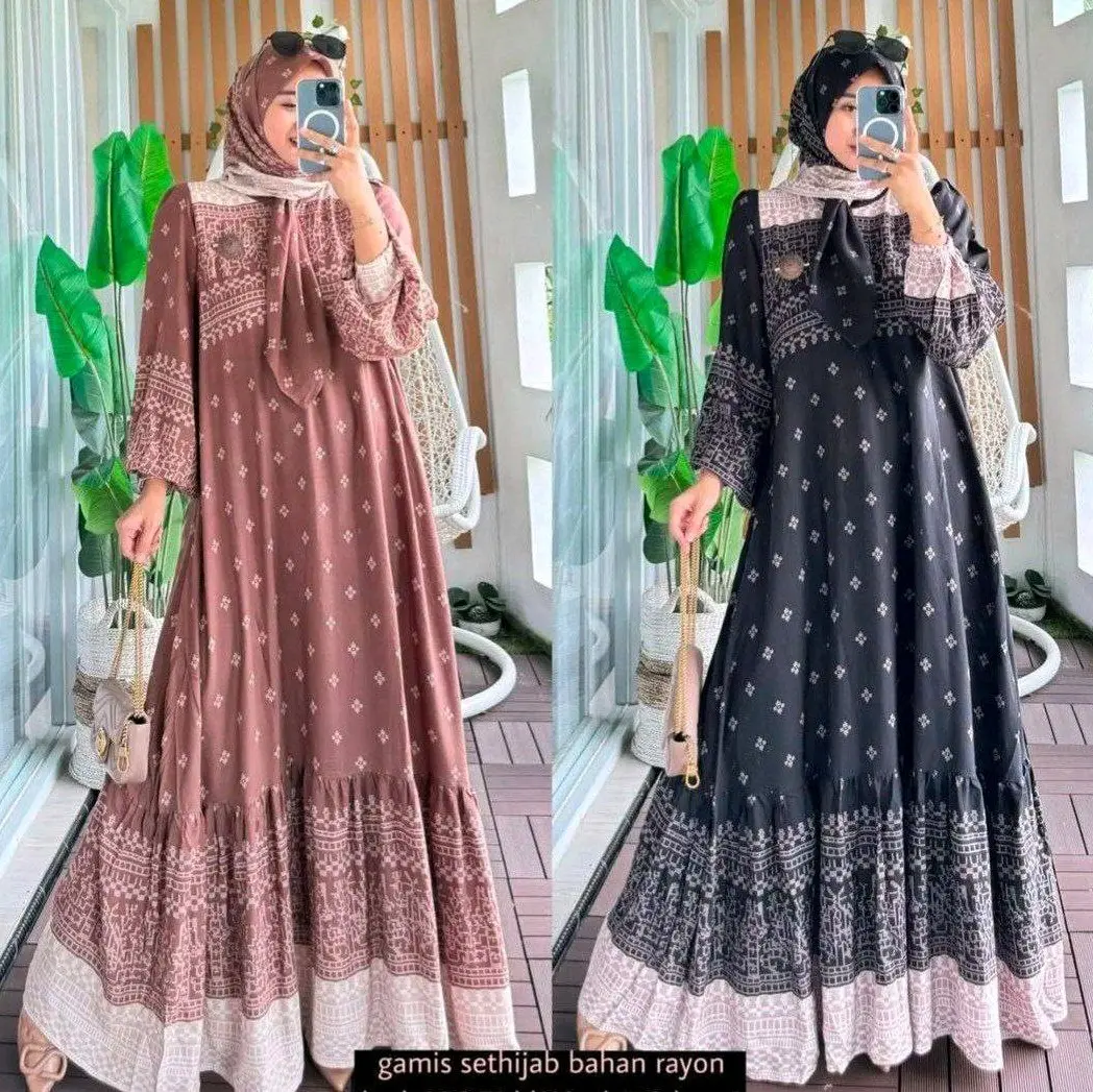 Set hijab rayon diamond premium motif aqila// Gamis busui Bunga Muslim Casual Formal Nyaman Balon Viscos