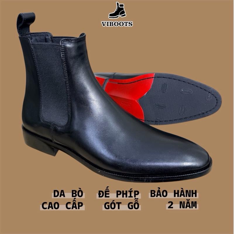 Giày Nam Chelsea Boots Đế Đỏ Đen Phíp Gót Gỗ Da Bò Thương Hiệu Viboots Bóng Chất Lượng Cao Bền Bỉ Sang Trọng Tiện Lợi