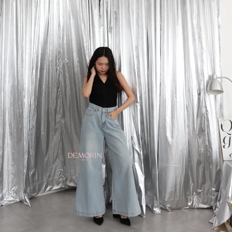 X9261 | Celana Panjang Jeans Cewek High Waist Wanita Wide Leg Palazzo Washed Blue Korean Trousers DEMORIN 8