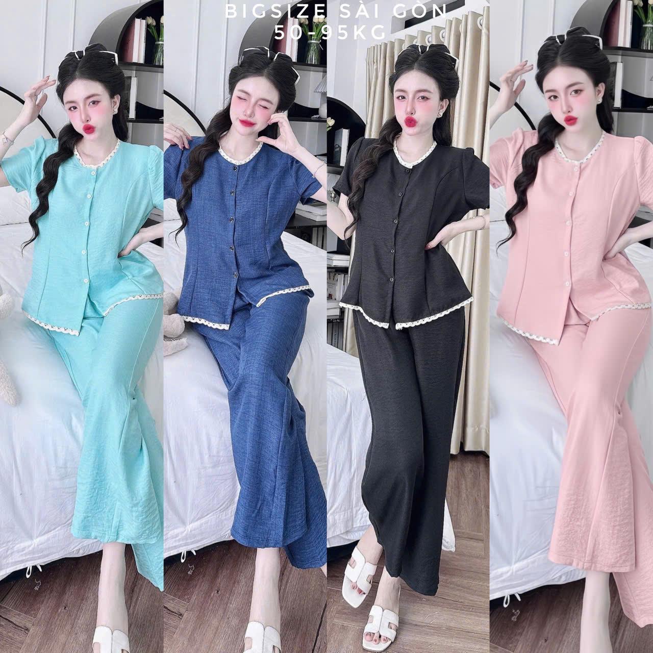 Thời Trang Bigsize Set Quần Áo Nữ Cổ Tim Phối Ren Tiểu Thư Quần Dài Thoải Chất Đũi Vân Mây Bigsize 50–95Kg Nữ Top Women –  B.1653