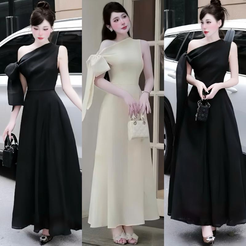 A123 - Đầm Dự Tiệc dáng dài Lệch Vai phối dây cột nơ màu Kem nhẹ nhàng, thanh lịch Mijustore
