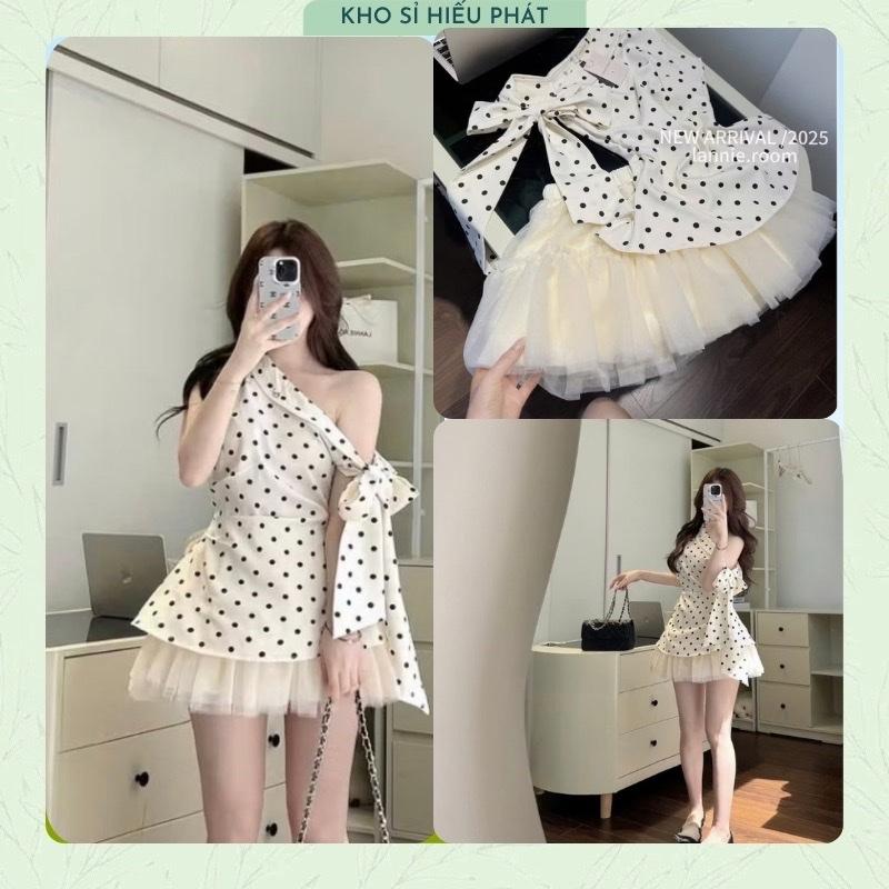 ( Hàng 2 Lớp ) Set Áo Chấm Bi Lệch Vai Nơ Xinh Phối Chân Váy Voan Tầng Xoè Nhẹ Nhàng Tôn Dáng  - by Hp