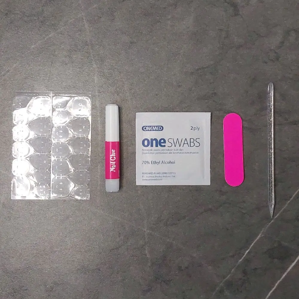 [MINIMUM 20RB] Paket Nail Tool Kit Aksesoris Kuku Palsu 1 Set (Nail Buffer, Stick, Lem Cair, 24pcs Jelly Glue, Alcohol Pad) untuk Pemasangan Kuku Palsu atau Press on Nails