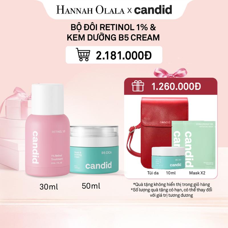 CANDID x HANNAH OLALA - BỘ ĐÔI RETINOL 1% & KEM DƯỠNG ẨM PHỤC HỒI CICA 50ML