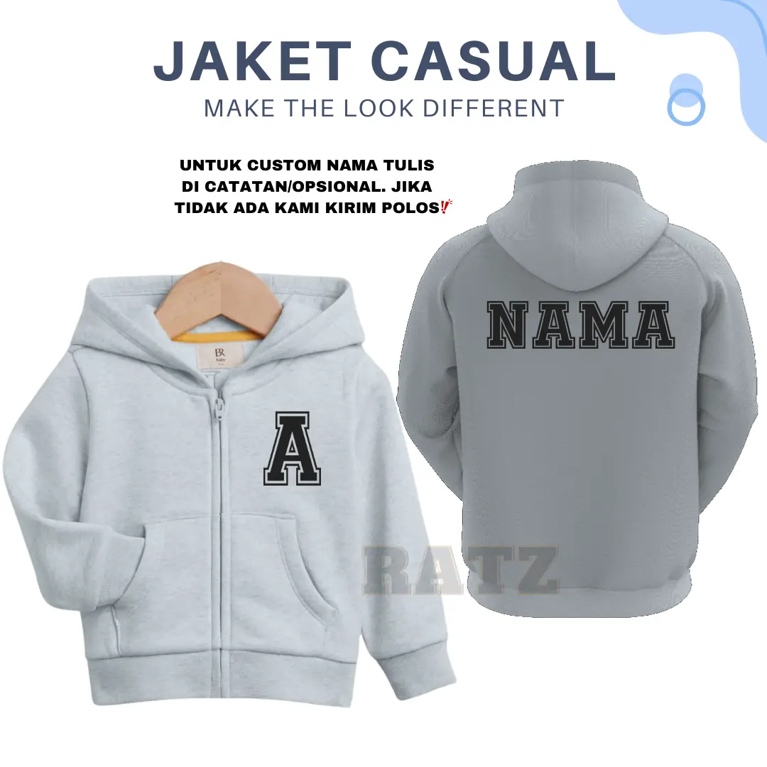 Jaket Zipper Anak CUSTOM NAMA Untuk Usia 2-12 Tahun - Model Pengencang Risleting - Sweater, Pakaian