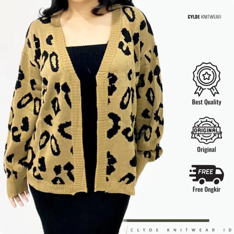 PREMIUM leopard Cardigan Rajut Vintage Cheetah Knitwear Panjang Oversize Outer Atasan Wanita 0