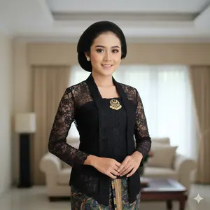 Atasan Kebaya Kutubaru Brokat Hitam Tanpa Furing Lengan Panjang Kombinasi Batik Motif Elegan Mewah Dewasa Remaja Wisuda Kondangan Baju Pesta