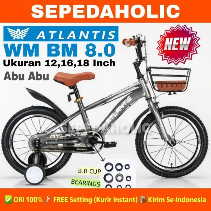 Sepeda Anak Laki Perempuan BMX ATLANTIS WM BM 8.0 / CENTRUM 317-1 / ERMINIO 318 / MAZARA 2235-1 Ukuran 12 16 18 Inch Usia 2-8 Tahun Keranjang - (ATLANTIS 8.0) Grey, 12 Inch