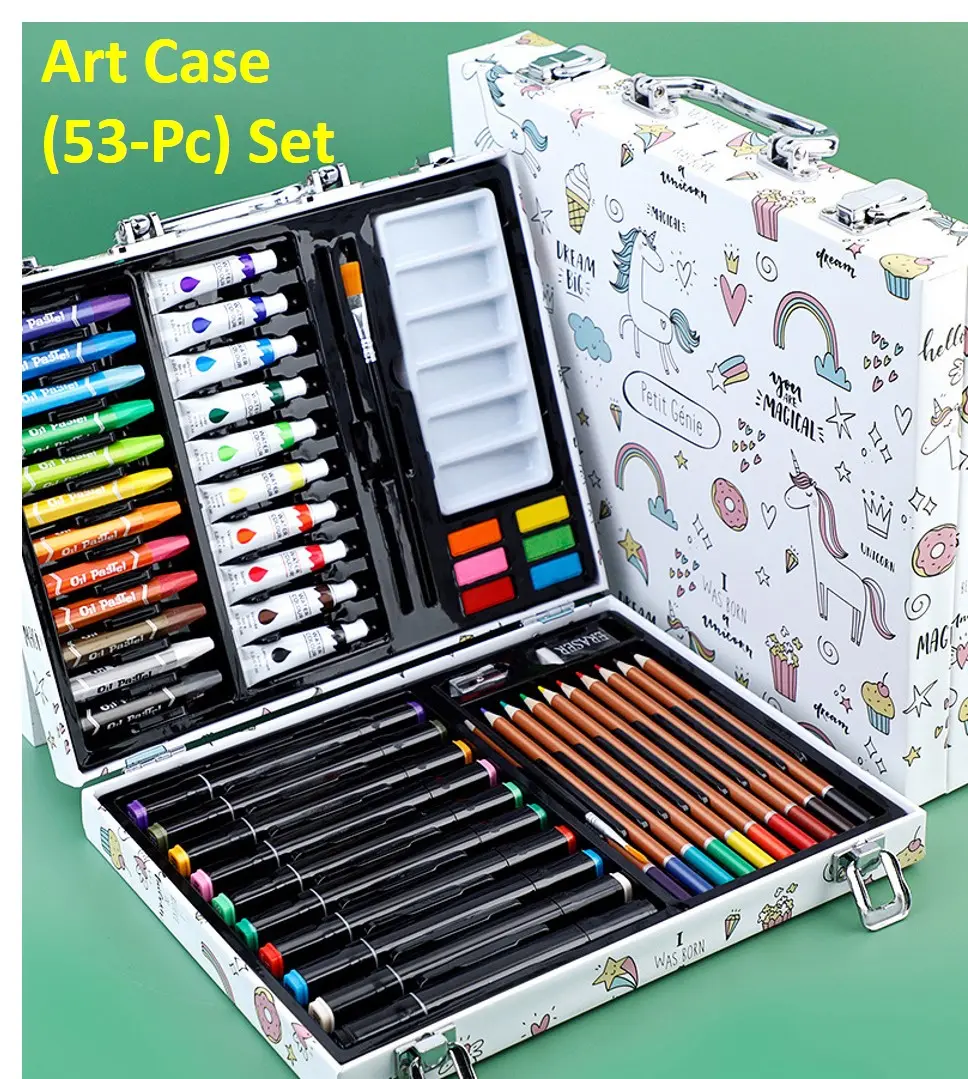 (53-pc / 128-pc) Art Supplies Set Art Case Craft Art Set Drawing Kit for Children Beginners Art Case Gift Set Pastels Crayons Pencils Creative Gift Box Kids