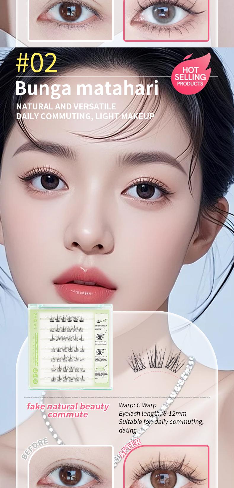 ZhiXian Bulumata palsu pemula bebas lem tidak perlu menggunakan lem bulu mata palsu dapat digunakan kembali Eyelash extension set C Curl False Eyelash Length 10-12 mm