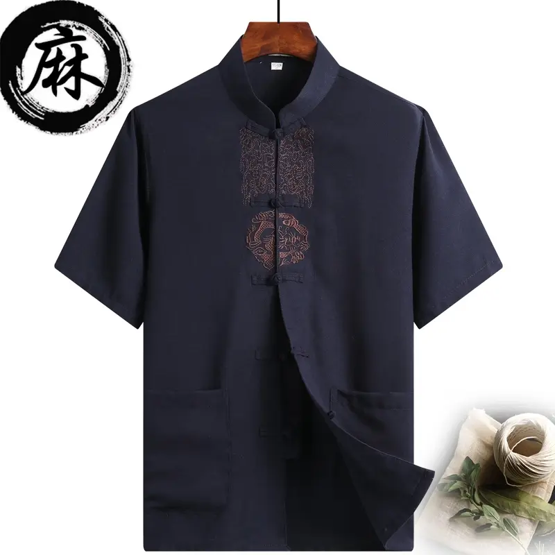 Cotton And Linen Summer Old Outfit Male Choli Chinese Wind Embroidery Button Hanfu Male Chinese Tunic Suit Dad Loaded