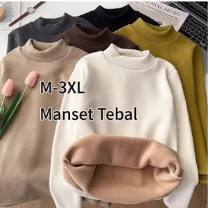 Manset dalaman tebal unisex atasan turtlneck musim dingin baju nyaman lembut M-3XL