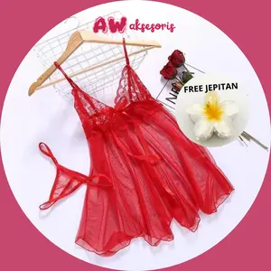AW BT003 Baju Tidur Lingerie Wanita Model Renda Serat Mesh Eksotis String Bra Set Dres