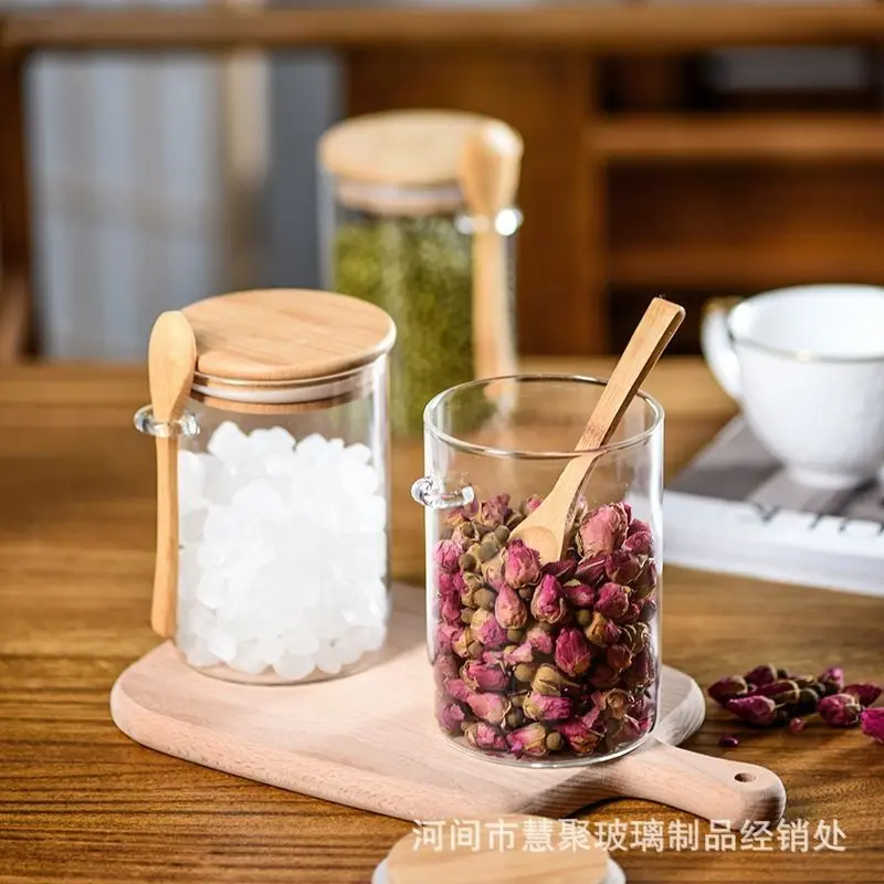 Sendok Kayu Toples Kaca Penyimpanan Bumbu Dapur Kedap Udara Tutup Bulat Borosilicate Glass Jar 1