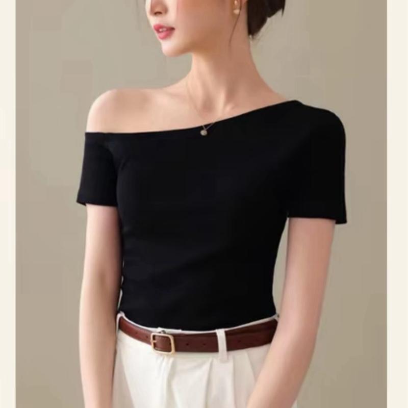  A52a Áo Thun Kiểu Cổ Trễ Vai 1 bên Dáng Tay Ngắn Ôm Body Tôn Dáng Phong Cách Mới Chất Thun XỊn size dưới 53kg 