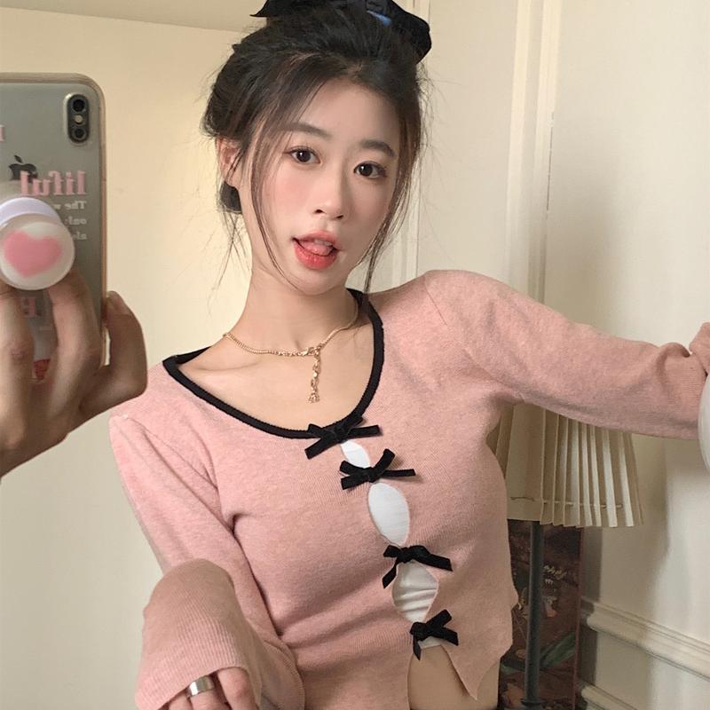 Product Introduction of Chanel Style Socialite Bow Long-Sleeved Knitted Women's Autumn New Design Hollow out Outer Wear Solid Color Long-Sleeved Top 5