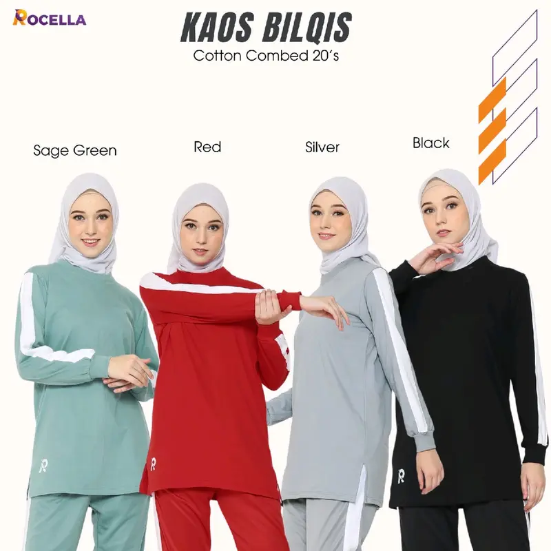 Pakaian Baju Setelan Seragam Kaos Celana Olahraga jogging running trening jumbo wanita perempuan cewe cewek muslim muslimah syar'i sportwear lengan panjang atas bawah bilqis rocella sporty combed 20s murah adem warna hitam abu ijo sage green merah maroon 2