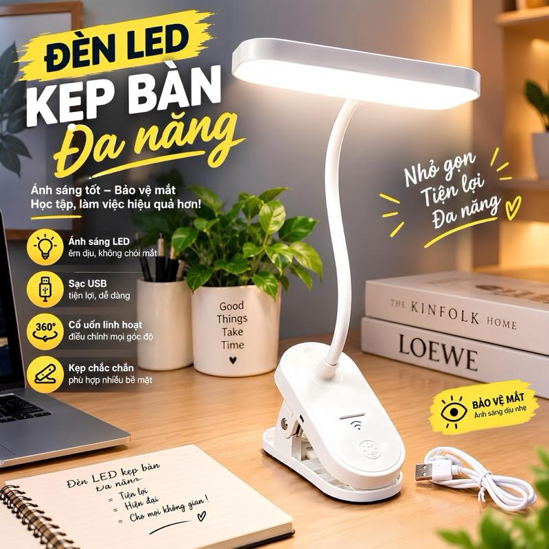 Đèn LED Kẹp Bàn Học Tập, Làm Việc – Cổ Uốn Linh Hoạt 360° Sạc Pin USB, Thiết Kế Gọn Nhẹ Dễ Dàng Di Chuyển Thích Hợp Cho Nhiều Công Năng Sử Dụng.