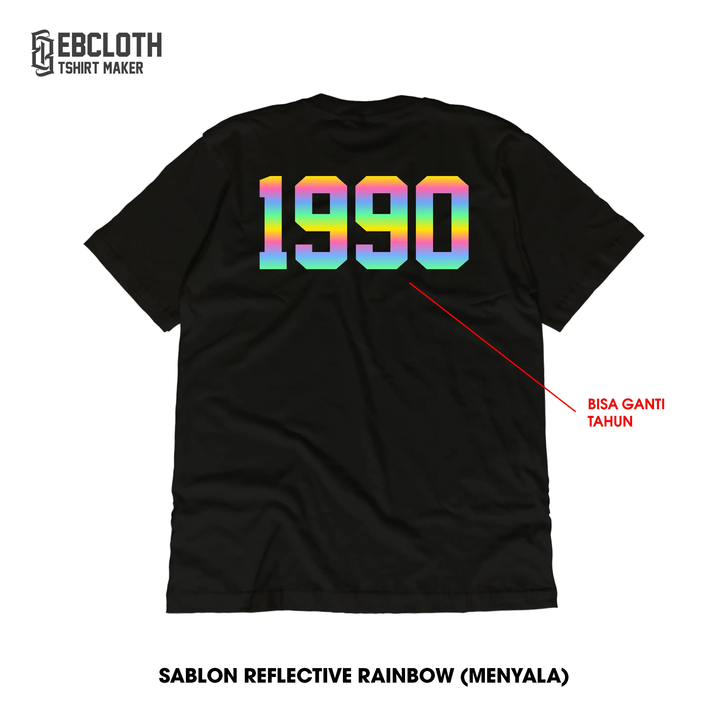 [EBCLOTH 01] CUSTOM KAOS REFLEKTIF SABLON NYALA HOLOGRAM RAINBOW CUSTOM KATA/NAMA KATUN COMBED HITAM