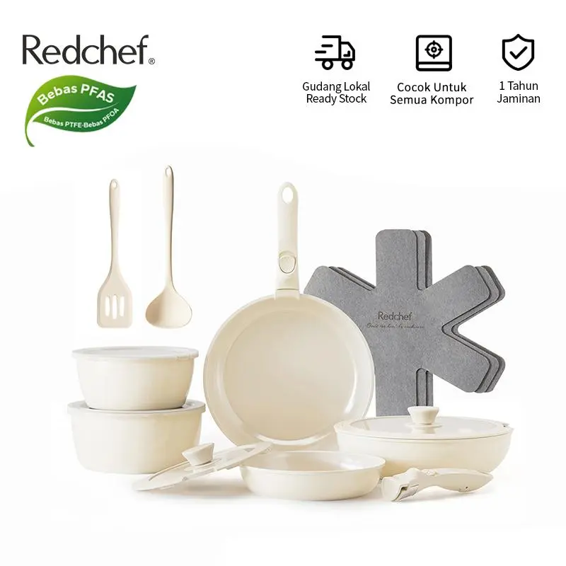 Redchef 16 Set Peralatan Masak Keramik Anti Lengket Alas Baja Tahan Karat Pegangan Lepas Bebas PFAS PTFE PFOA Cocok untuk Semua Jenis Kompor