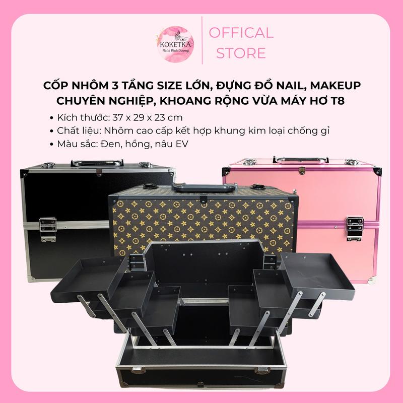 Cốp nhôm 3 tầng đựng nail mi size to cao cấp - Cốp đựng đồ trang điểm phun xăm thẩm mỹ đựng vừa máy hơ T8 T9 T10 37x29x23cm Bag