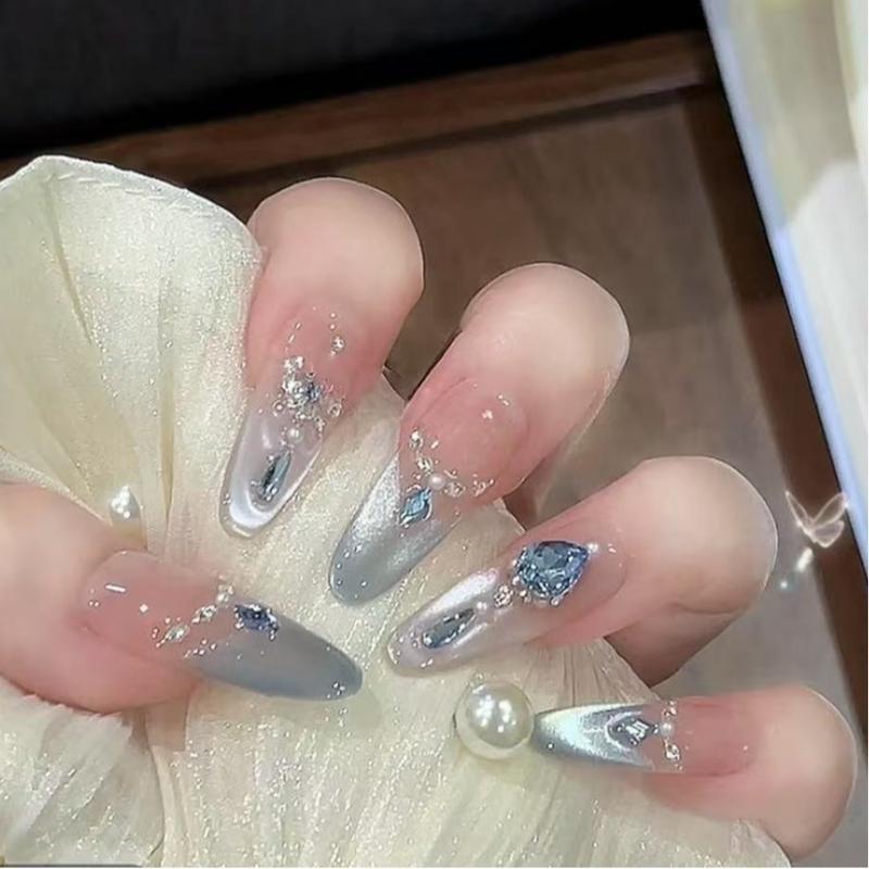 Mã B032-33 Nail Box Móng Tay Giả Màu Hồng Tráng Gương Đính Đá Lam Lấp Lánh Bộ 10 Móng Có Thể Tháo Rời Tái Sử Dụng