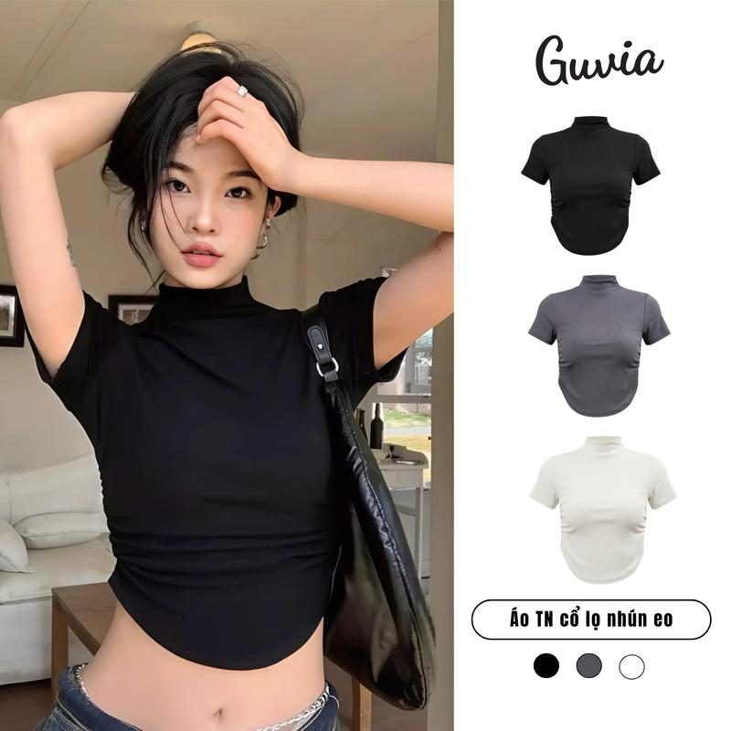   CR182  Áo Croptop Nữ Tay Ngắn Cổ Lọ Nhún Eo Vạt Bầu Ôm Body Áo Thun Croptop Kiểu Sexy Chất Thun Gân Women Dáng Ngắn Cổ Lọ 