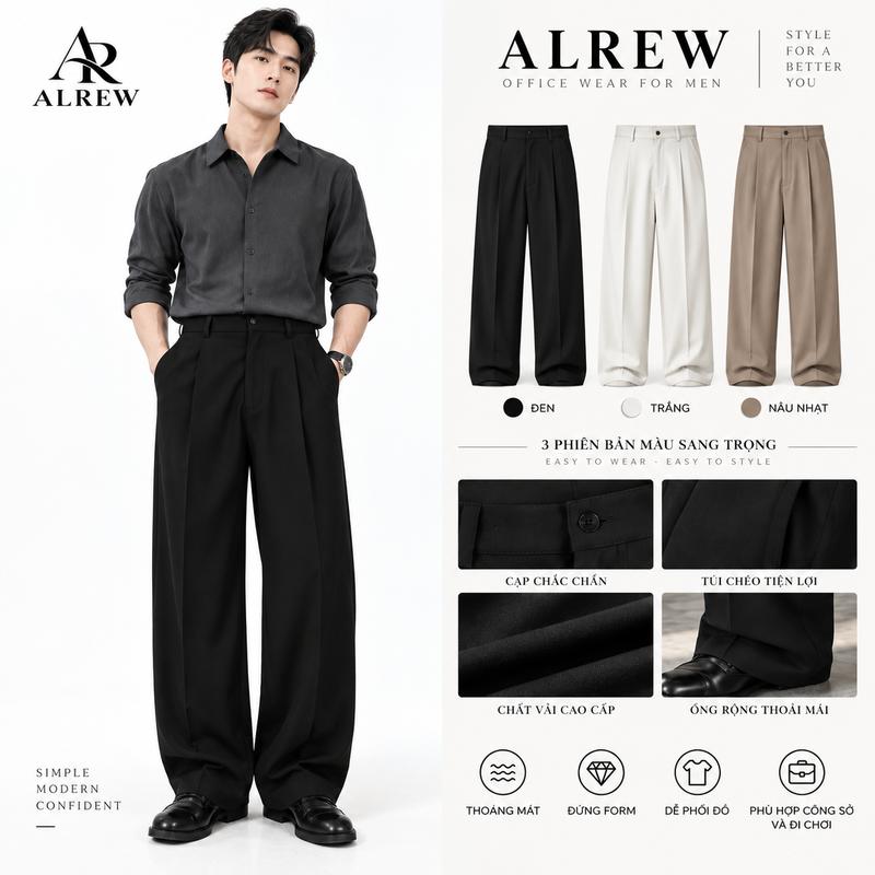 ALREW Quần Âu Nam Ống Rộng Có Ly, Quần Tây Nam Ống Suông Wide Leg, Form Rộng Phong Cách Hàn Quốc, Công Sở Đi Làm Đi Chơi