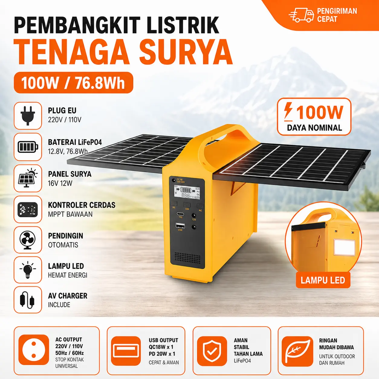 Pembangkit Listrik Portable Solar Generator 100W Surya | Baterai LiFePO4 Awet | Cadangan Daya 76.8Wh + Panel 12W untuk Rumah & Perjalanan