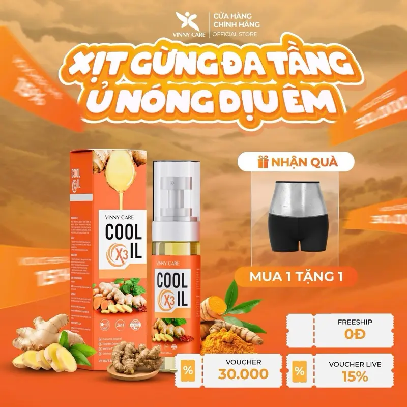 [ BẢN NÂNG CẤP 70mL- Tặng quần ủ KOC ] Xịt Gừng ủ nóng Đa Tầng COOL-OIL X3 - Chiết Xuất Gừng, Nghệ, Tiêu, Bạc Hà Vinny Care - Chai 70ml