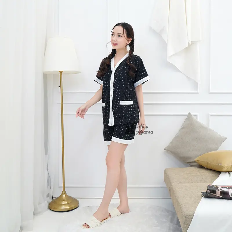 EMILY PIYAMA Baju Tidur Set Piyama Model Dot Putih Satin Kancing Depan Fit Pakaian Tidur Wanita Dewasa 5