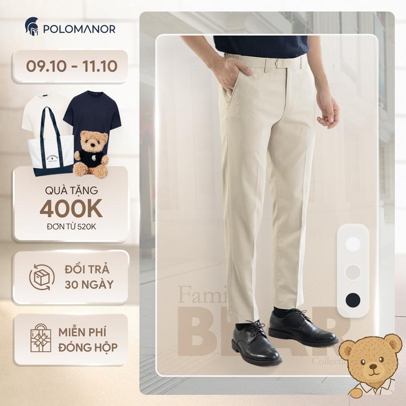 Quần dài tây nam POLOMANOR co giãn 2 chiều, xuất xịn, lưng đai chun ẩn, chuẩn form Menswear Đen