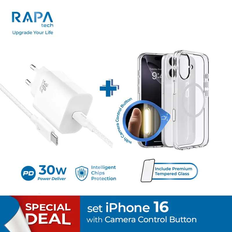 Paket Wajib Accessories Iphone K x RAPAtech Power II Charger iPhone 13 14 15 16 16pro 16 pro maxSeries Mfi Cable  + Hybrid Magsafe Case iPhone 13 14 15 With Premium Tempered Glass 0