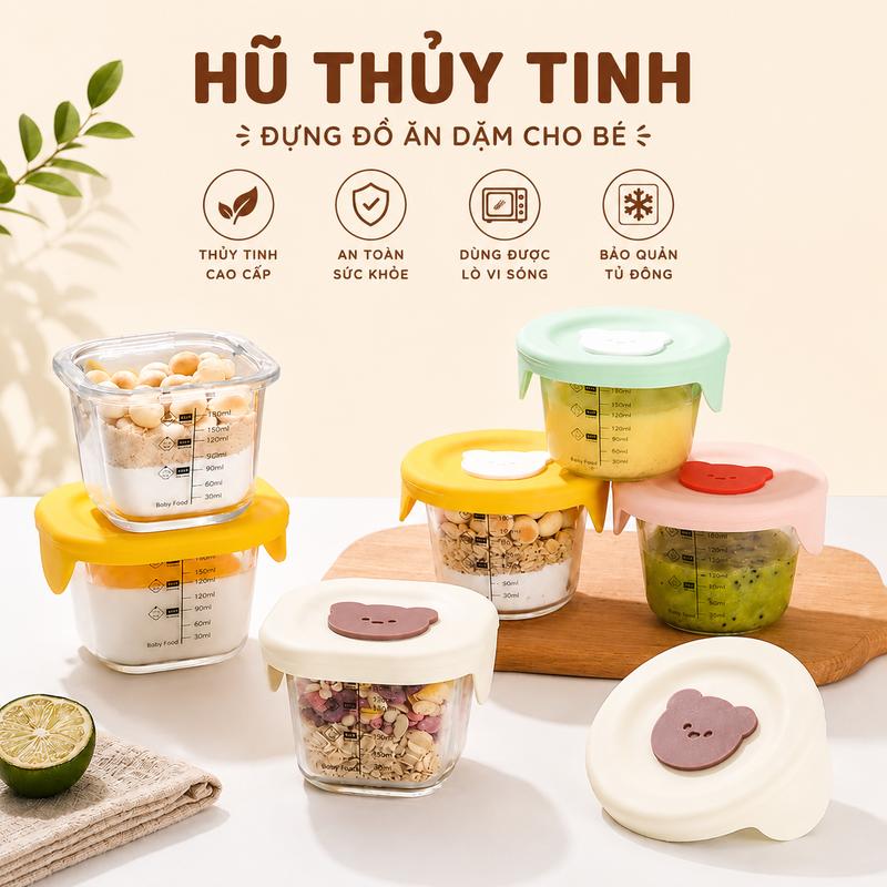 Hộp Trữ Đồ Ăn Bằng Thủy tinh, Hũ thủy tinh dung tích 210ml, Bát ăn dặm chia vạch bằng thủy tinh cho bé