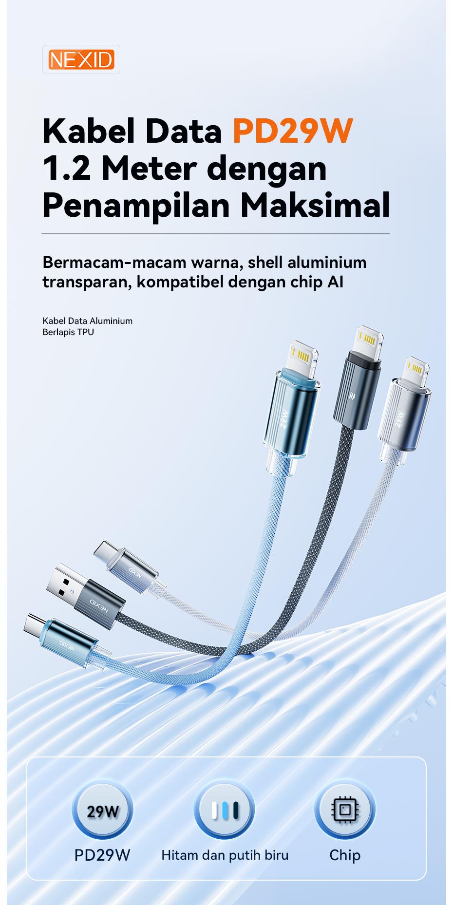 NEXID Kabel Data PD29W 1.2 Meter Type C USB C to Lightning Fast Charging untuk iPhone 11 12 13 14 Pro Plus Max dengan Penampilan Maksimal NEXID Kabel Data PD29W 1.2 Meter Type C USB C to Lightning Fast Charging untuk iPhone 11 12 13 14 Pro Plus Max dengan Penampilan Maksimal