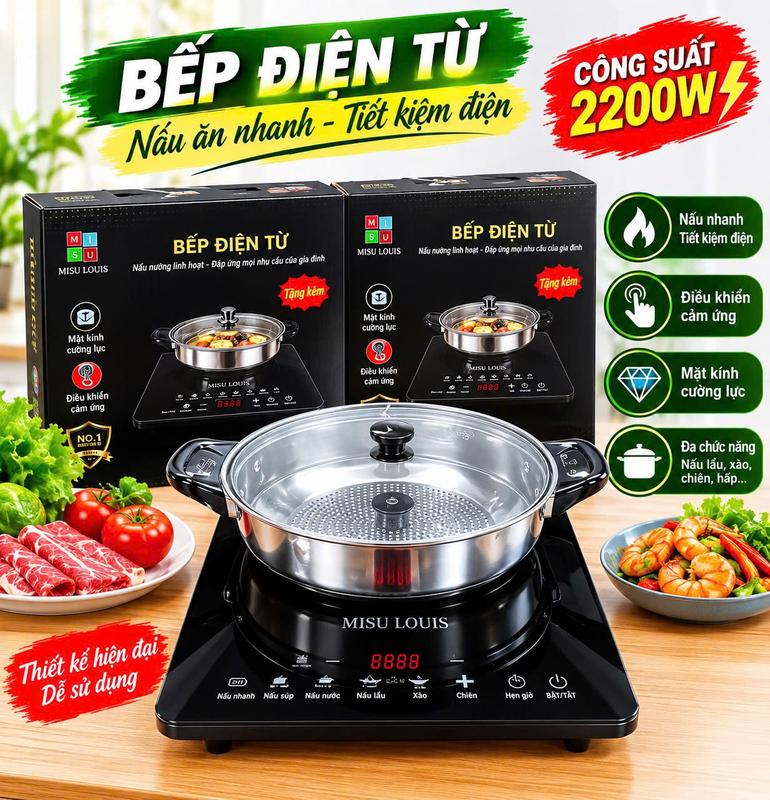 Bếp Từ Cảm Ứng 2200W , Bếp Điện Từ Điều chỉnh bằng tiếng việt dễ dùng